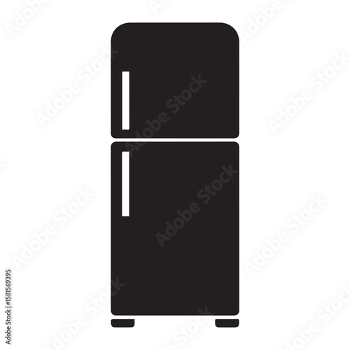 Simple black silhouette of a classic two door refrigerator with rounded top corners and feet