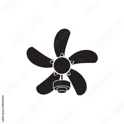 Simple black silhouette of a ceiling fan with five blades and a central motor housing on a white background