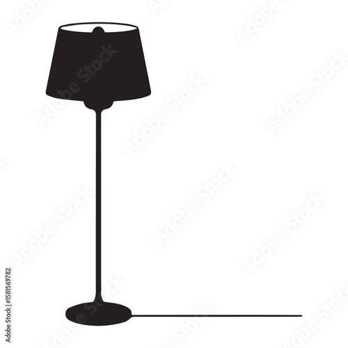 Minimalist black silhouette of a modern floor lamp casting a long shadow on a clean white background