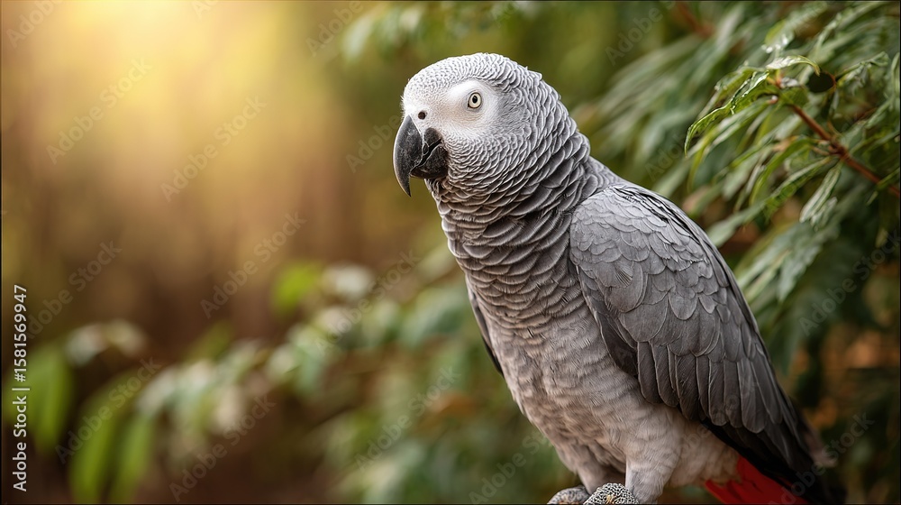 Fototapeta premium An African Grey Parrot with bright red tail feathers perched amidst lush green foliage with soft golden light