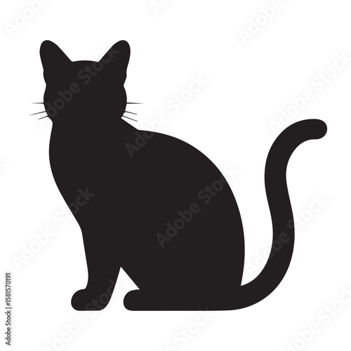 Simple black silhouette of a domestic cat sitting calmly with its tail curled around its body against a white background