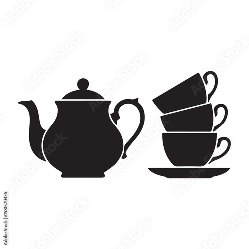 Simple black silhouette of a teapot next to a stack of three cups on a saucer on a white background