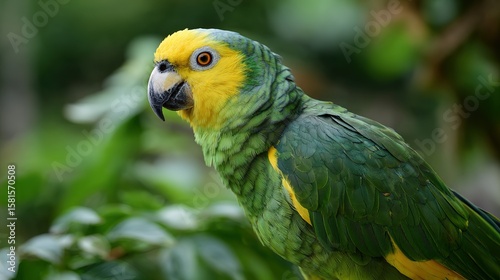 Close up of a green parrot with a yellow head perched on a branch with blurred foliage