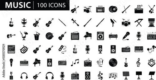 Collection of one hundred musical instruments and equipment icons