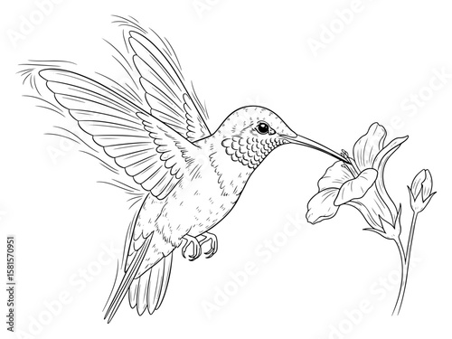 A Detailed Line Art Illustration of a Hummingbird Feeding from a Flower
