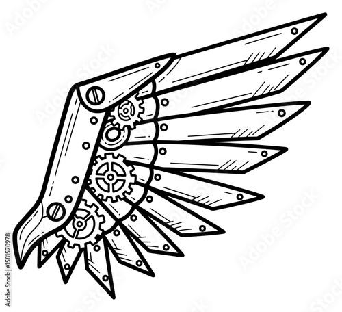 Steampunk Wing Graphic Illustration in Black and White