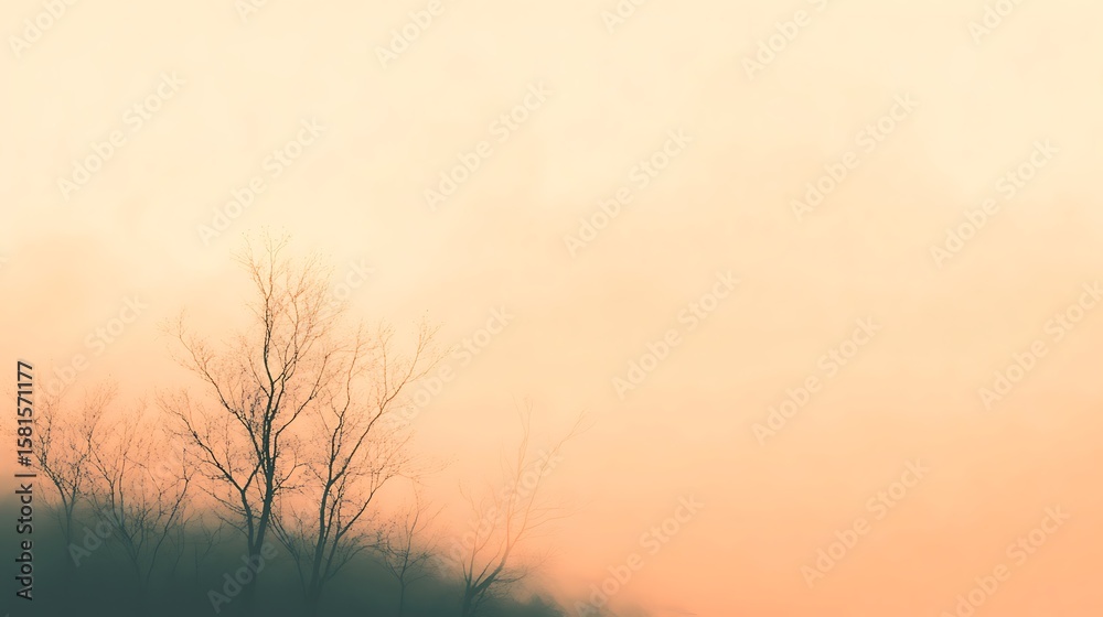 Fototapeta premium Bare trees silhouetted against a soft orange foggy sky