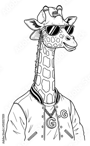 Cool Giraffe with a Snapback, Sunglasses, and Varsity Jacket, Black and White Illustration
