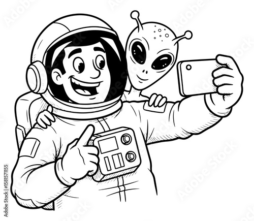 Astronaut and Alien Selfie Line Art Illustration