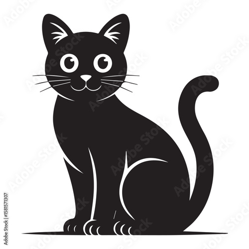 A charming black cat with large white eyes and whiskers sits elegantly on a white background presented in a clean silhouette style