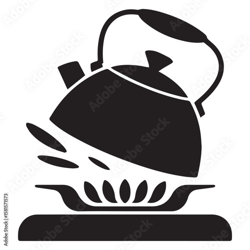 Stylized black silhouette of a kettle pouring hot water onto a gas stove burner with flames
