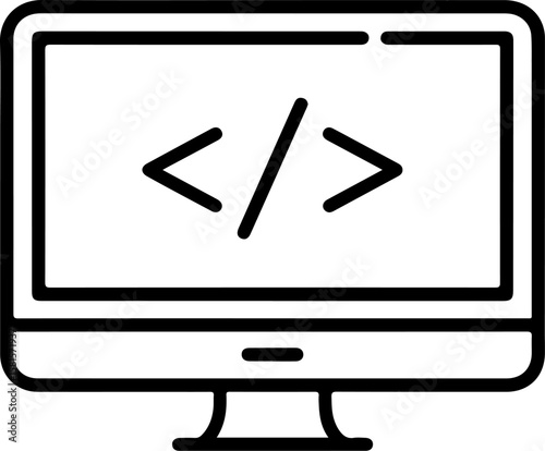 Simple black line icon of a computer monitor displaying code symbols on a white background