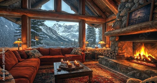 Cozy mountain cabin with fireplace in winter landscape