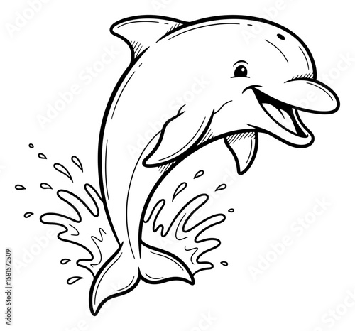Dolphin Leaping Out of Water - Black and White Cartoon Illustration