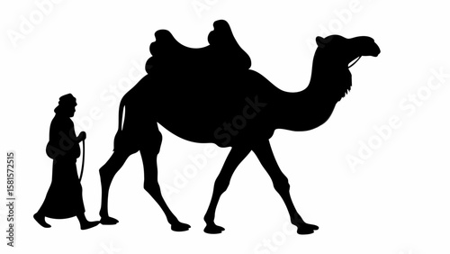 Silhouette of a man with a cane walking beside a camel with a saddle on a white background image
