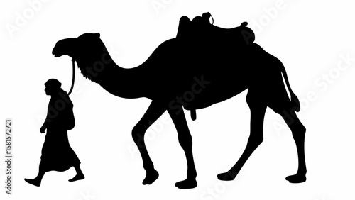 Silhouette of a man leading a camel with a saddle across a white background in a desert setting scene