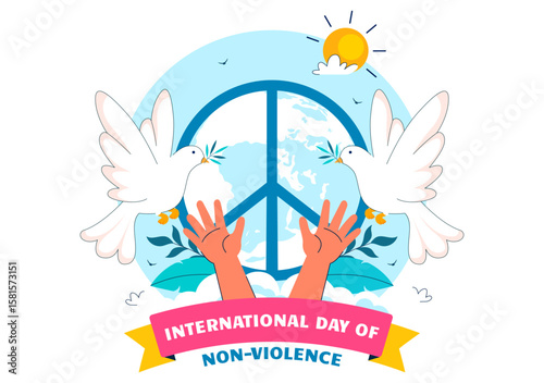 International Day of Non-Violence Vector Illustration on October 2nd, for a Culture of Peace, Tolerance, and Understanding in a Flat Design Background