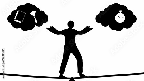 Silhouette of a man balancing on a line with thoughts of knowledge and time represented in clouds above