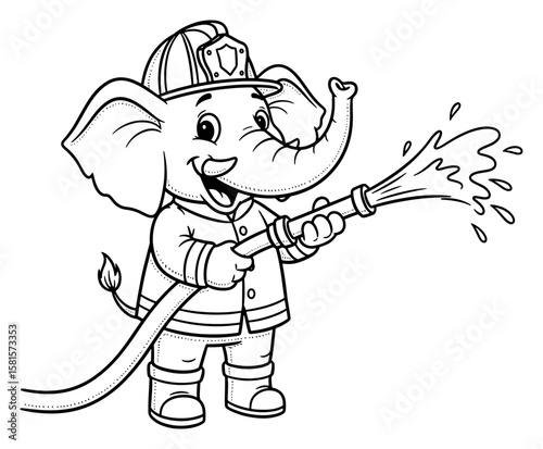 Black and White Cartoon Illustration of an Elephant Firefighter Spraying Water