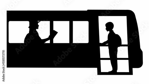 Silhouette of bus with driver holding document and student boarding the vehicle for transportation