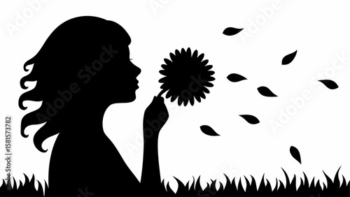 Silhouette of a girl blowing dandelion seeds in a field with a gentle breeze on a sunny afternoon