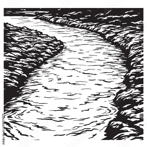 Ink illustration of a flowing river through rocky banks in a black and white style