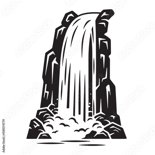 Monochrome waterfall flowing over rocky cliffs nature landscape illustration
