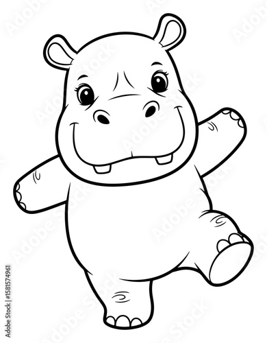 Adorable Cartoon Hippopotamus Outline with Happy Expression and Playful Pose