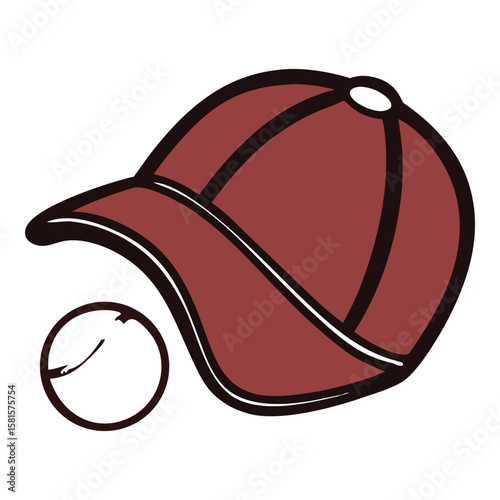 Baseball cap graphic in burgundy color with white baseball accent offers a sporty and stylish design element.