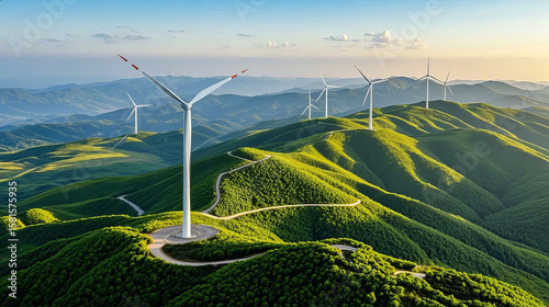 Green grassland wind power generation, new energy windmill environmental protection image