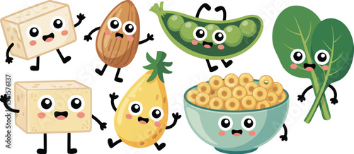 Cute cartoon characters of healthy food items smiling and dancing together