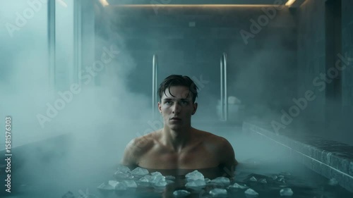 Young man submerged in a cold ice bath with steam rising in a modern spa setting