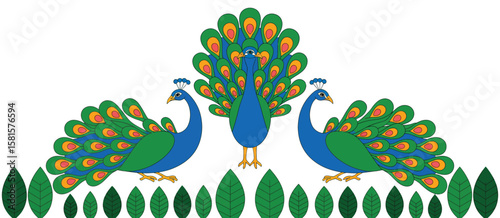 Three stylized peacocks with vibrant green and blue feathers and decorative leaves