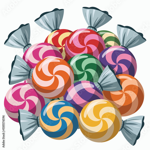 Colorful swirl lollipops wrapped in silver foil tied with bows