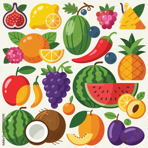 Vibrant assortment of fresh fruits and vegetables in a colorful flat design