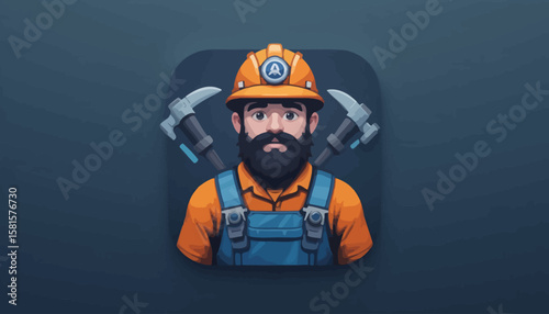 Clean icon of a miner with helmet and pickaxe