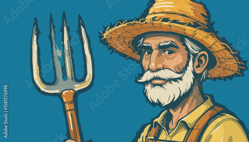 icon of a farmer with pitchfork and straw hat