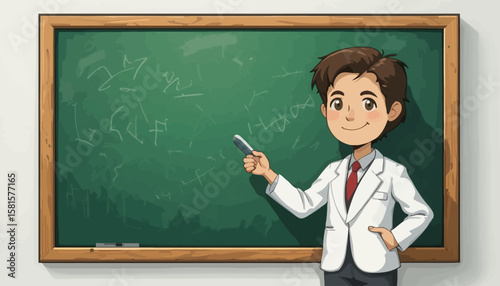 Modern vector icon of a teacher pointing at a chalkboard
