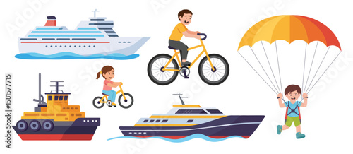 Children and adults enjoy various modes of transportation and recreational activities