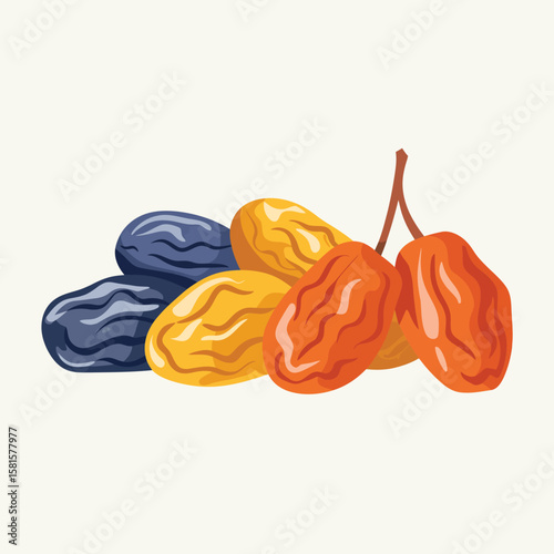 Illustration of a colorful assortment of dried fruits including raisins and dates