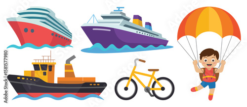 Collection of cartoon transportation vehicles including cruise ships tugboat bicycle and child skydiving