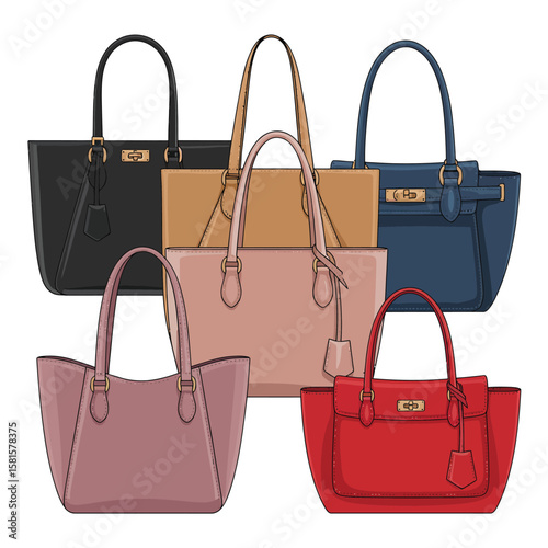 Collection of five stylish leather handbags in various colors and designs