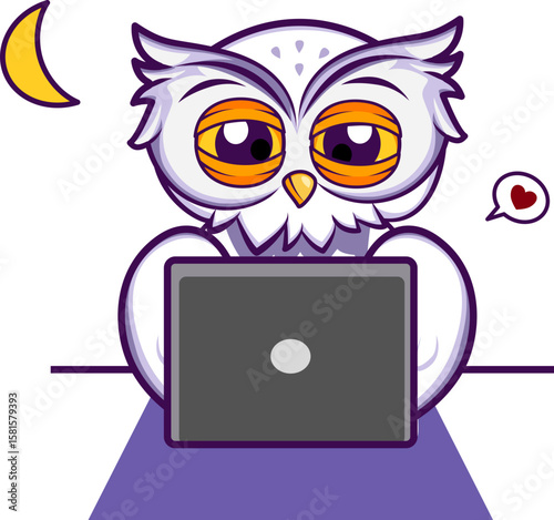 cartoon owl with laptop mascot illustration
