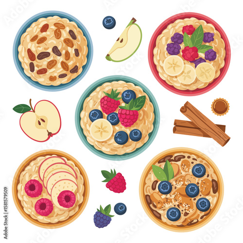 Delicious bowls of oatmeal with fresh berries banana slices and apple