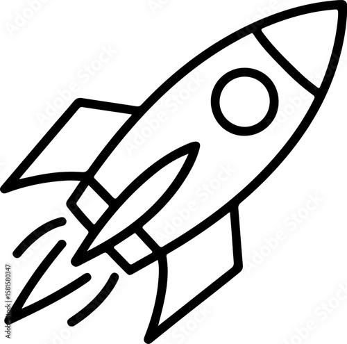 Simple black line art icon of a rocket ship ascending with stylized flames