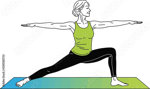 Woman practices warrior yoga pose on mat with transparent background.