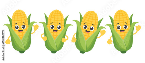 Four happy cartoon corn on the cob characters waving hello