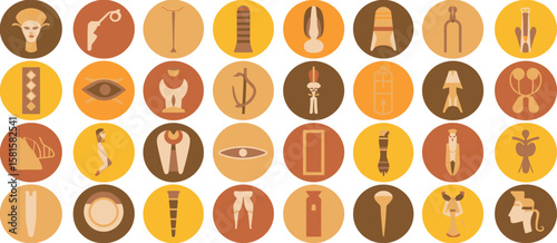 Collection of ancient egyptian hieroglyphs and symbols in circular frames
