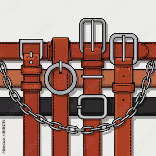 Collection of stylish leather belts with various buckles and a metal chain accessory