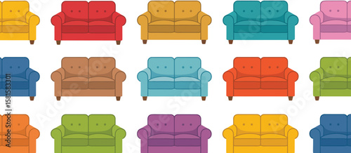 Collection of colorful sofas arranged in a grid on a white background